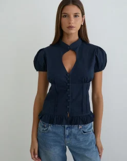 Yamila Puff Sleeve Keyhole Blouse in Dark Navy