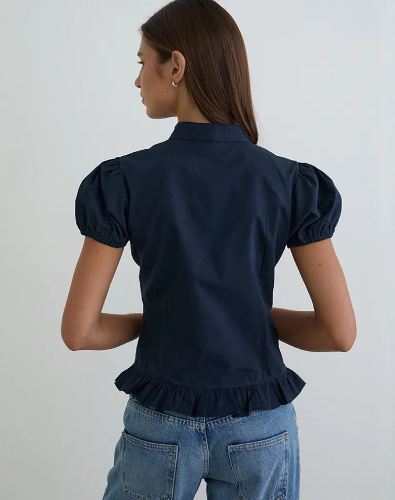 Yamila Puff Sleeve Keyhole Blouse in Dark Navy