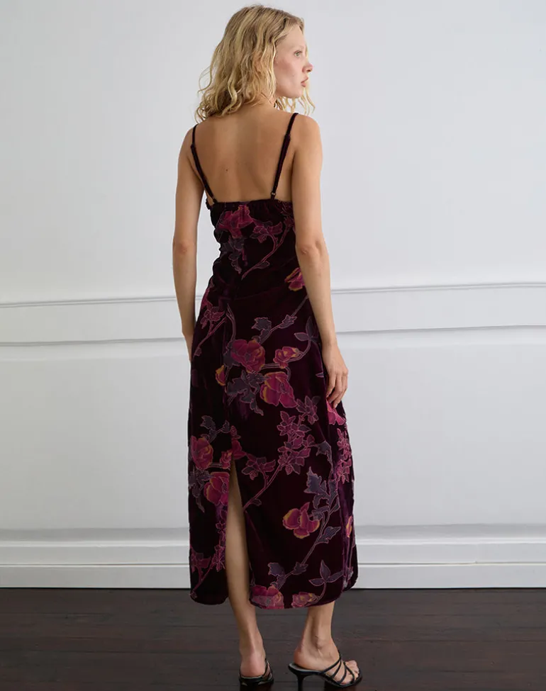 Yamira Maxi Dress in Floral Devore Burgundy