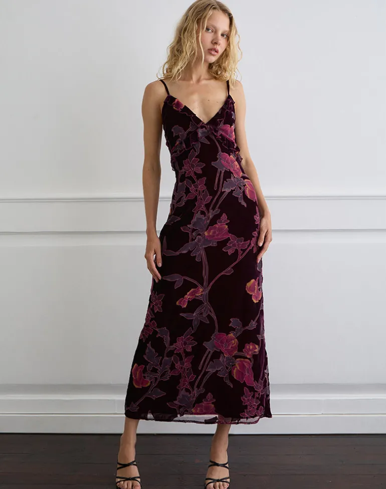 Yamira Maxi Dress in Floral Devore Burgundy
