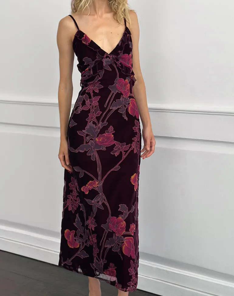 Yamira Maxi Dress in Floral Devore Burgundy