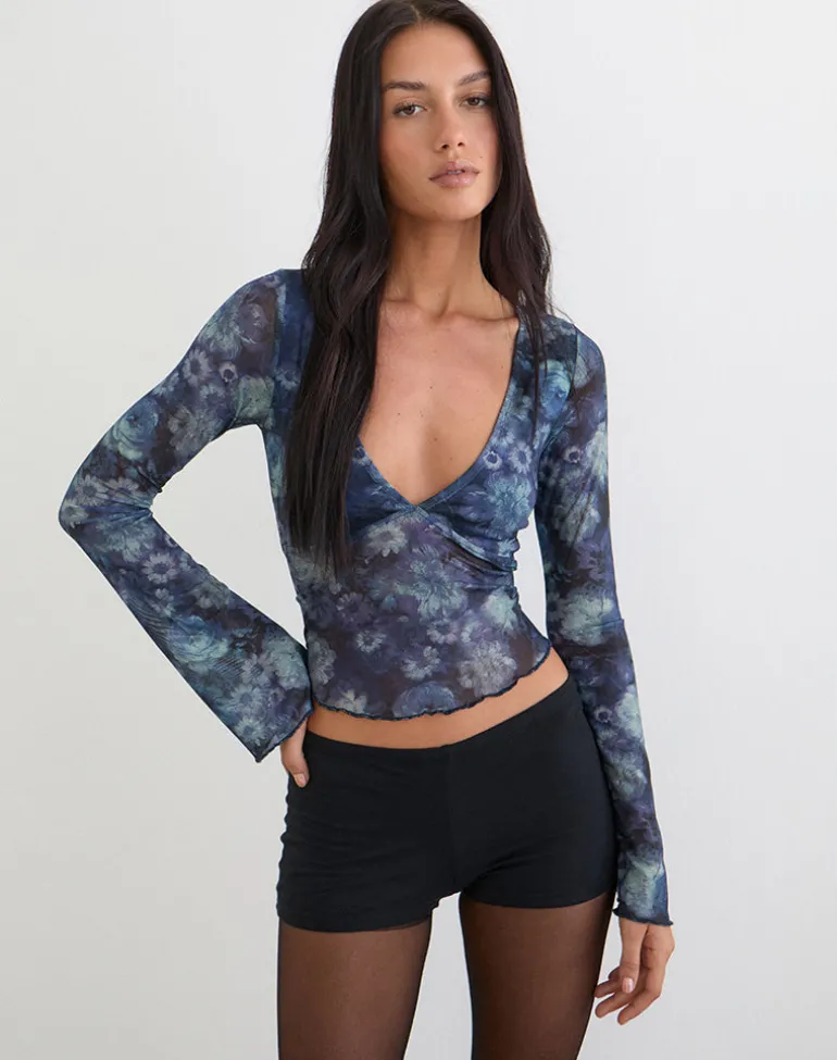 Yamuna Long Sleeve Top in Dark Blue Arty Flower Mesh