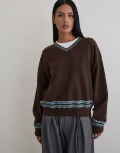 Yarnia Slouchy V-neck Jumper in Brown and Blue