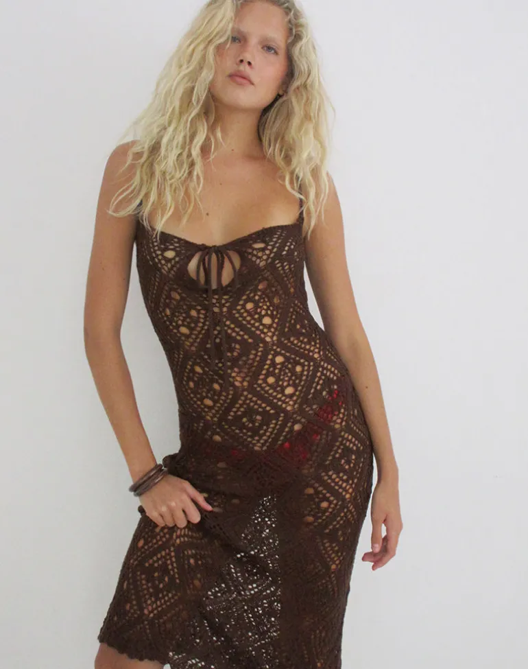 Yasiya Midi Dress in Open Crochet Knit Dark Chocolate