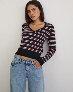 Yasra Jumper in Stripe Knit Black Burgundy