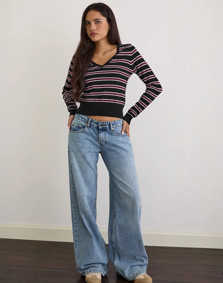 Yasra Jumper in Stripe Knit Black Burgundy