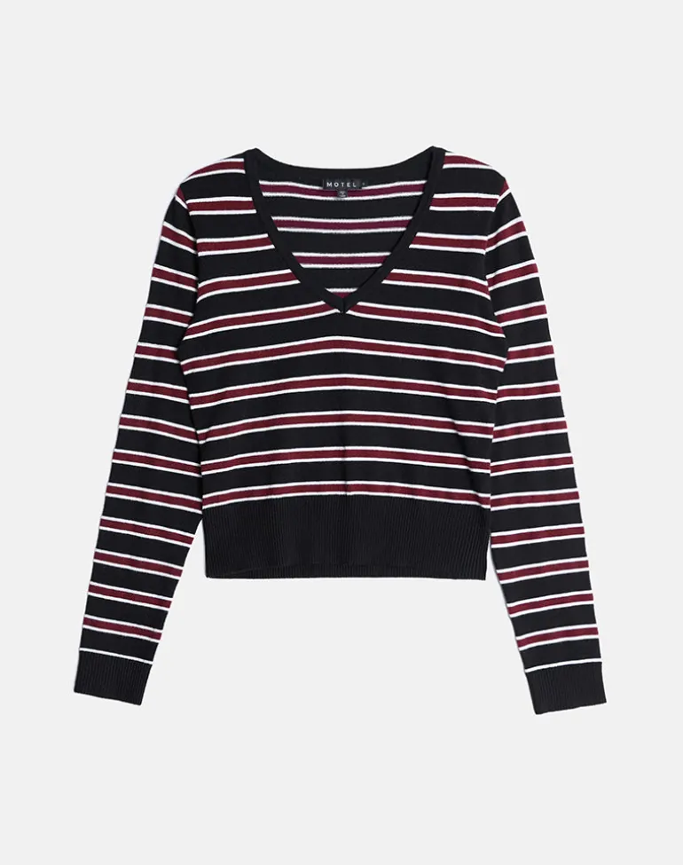 Yasra Jumper in Stripe Knit Black Burgundy