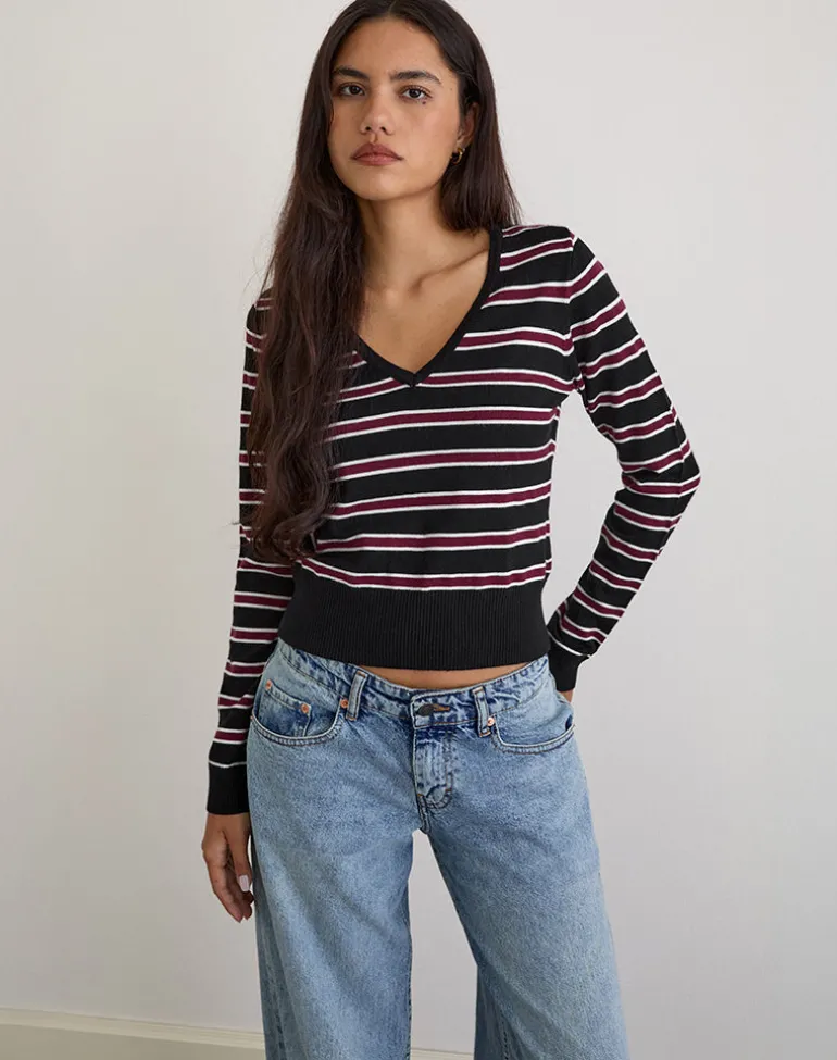 Yasra Jumper in Stripe Knit Black Burgundy
