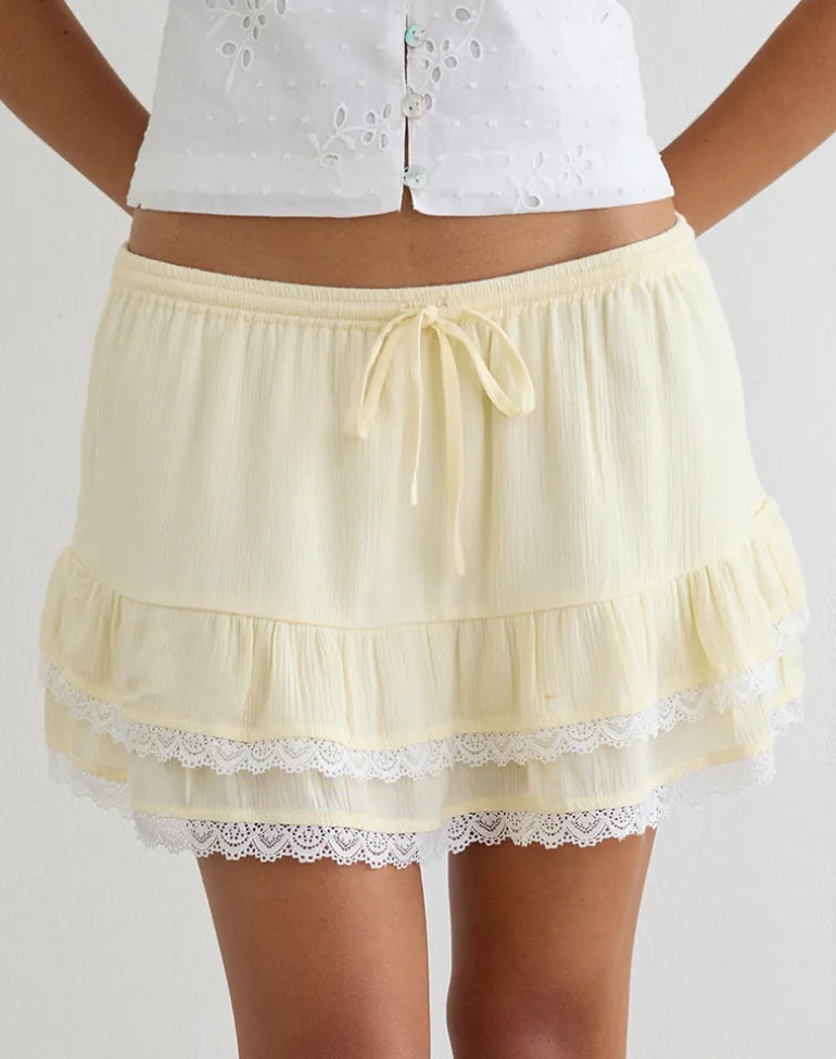 Yasu Ruffle Hem Mini Skirt in Crinkle Butter Yellow