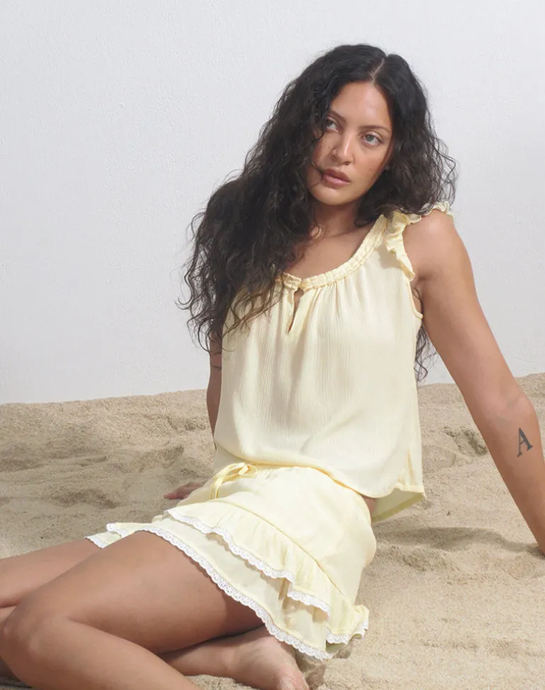 Yasu Ruffle Hem Mini Skirt in Crinkle Butter Yellow
