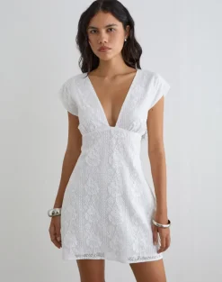 Yenna Plunge Mini Dress in Floral Lace White