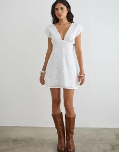 Yenna Plunge Mini Dress in Floral Lace White