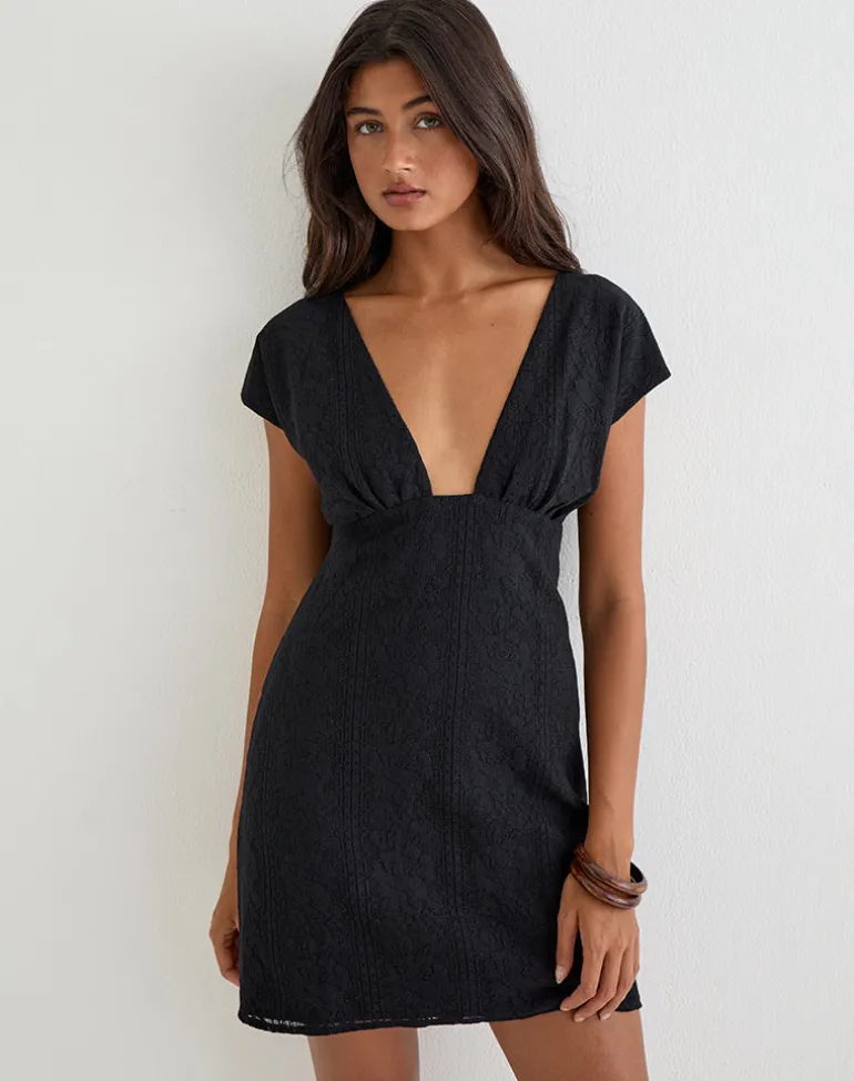 Yenna Plunge Mini Dress in Floral Lace Black