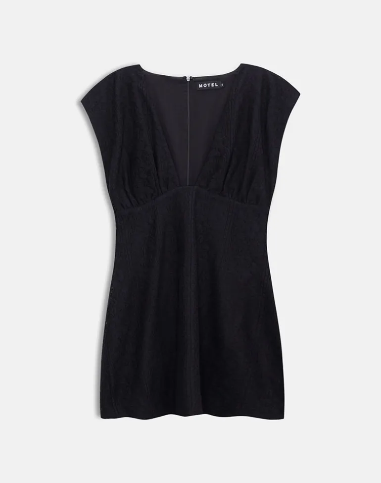 Yenna Plunge Mini Dress in Floral Lace Black