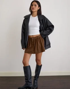Yonca Frill Mini Skort in Faux Suede Brown