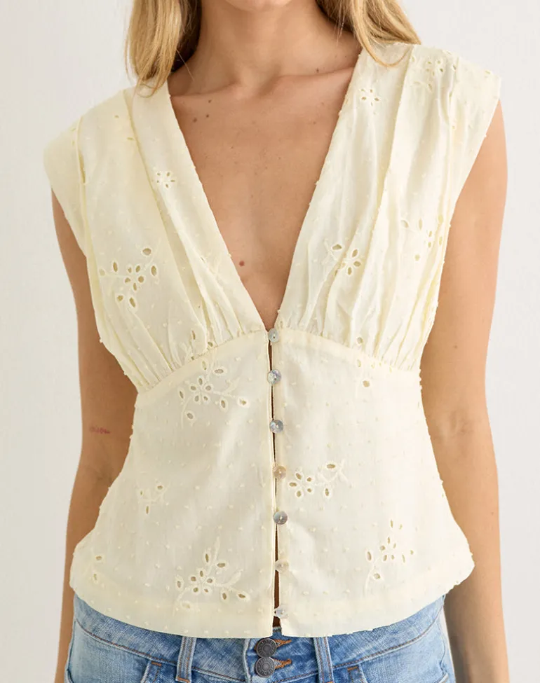 Yoshino Plunge Top in Broderie Lemon