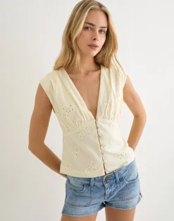 Yoshino Plunge Top in Broderie Lemon