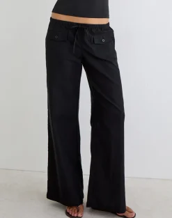 Yua Wide Leg Trouser in Linen Black