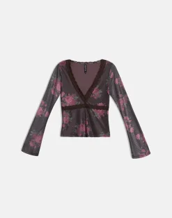 Yudo Top in Brown with Pink Polka Dots and Roses Print
