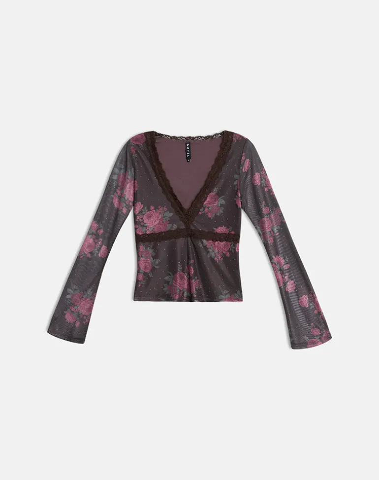 Yudo Top in Brown with Pink Polka Dots and Roses Print