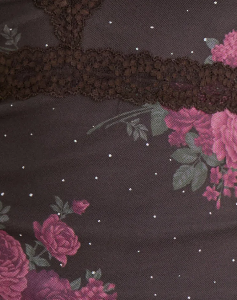 Yudo Top in Brown with Pink Polka Dots and Roses Print