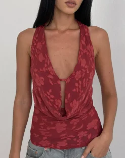 Yukari Plunge Top in Burnout Mesh Red