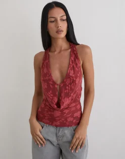 Yukari Plunge Top in Burnout Mesh Red