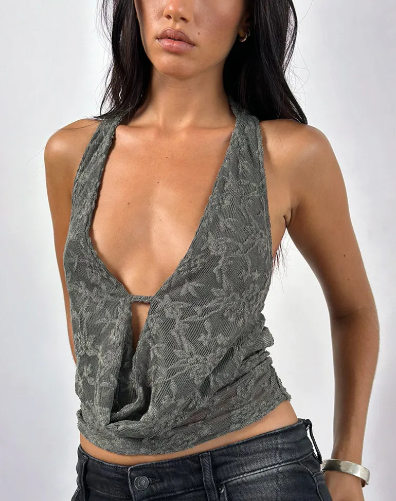 Yukari Plunge Top in Jacquard Knit Green