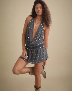Yukina Mini Dress in Studded Chiffon Dark Grey