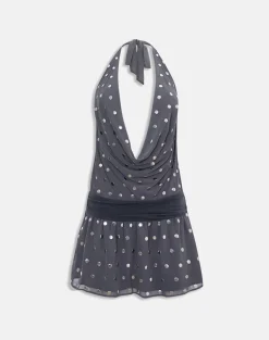 Yukina Mini Dress in Studded Chiffon Dark Grey