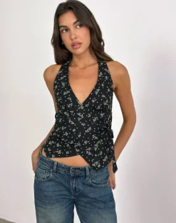 Yung Halterneck Wrap Top in Floral Land Black