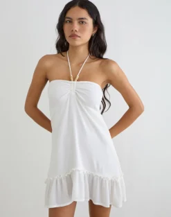 Yvelise Mini Dress in Crinkle Off White with Beads