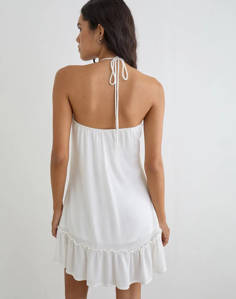 Yvelise Mini Dress in Crinkle Off White with Beads