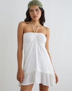 Yvelise Mini Dress in Crinkle Off White with Beads
