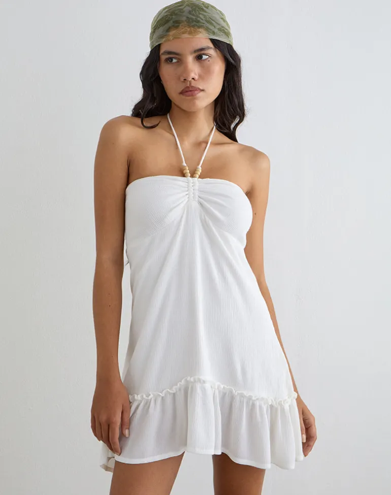 Yvelise Mini Dress in Crinkle Off White with Beads