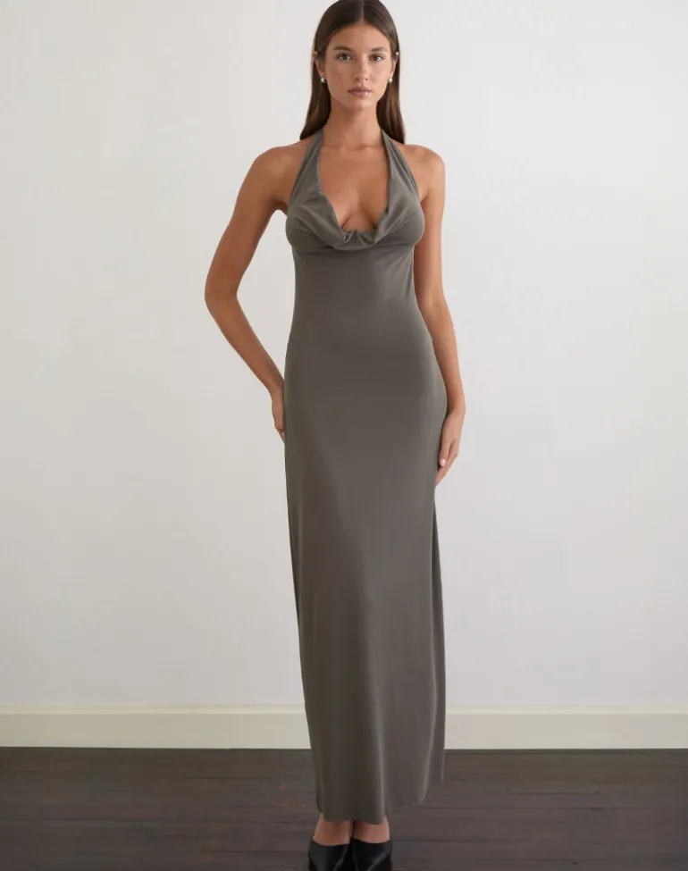 Zarya Maxi Dress in Cupro Grey Khaki