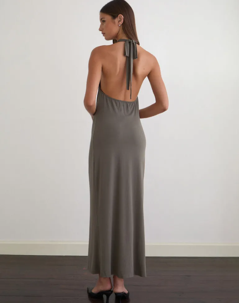 Zarya Maxi Dress in Cupro Grey Khaki
