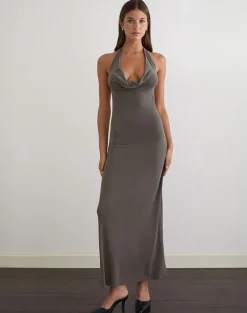 Zarya Maxi Dress in Cupro Grey Khaki