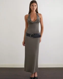 Zarya Maxi Dress in Cupro Grey Khaki