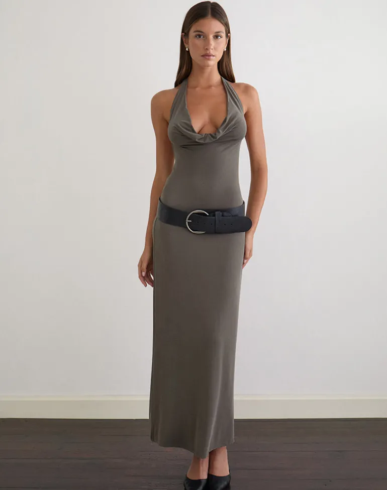 Zarya Maxi Dress in Cupro Grey Khaki