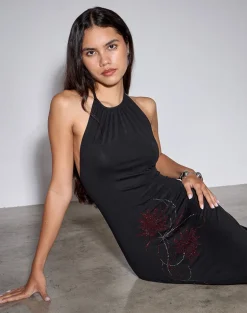 Zavine Midi Dress in Cupro Diamante Flower Black