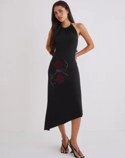 Zavine Midi Dress in Cupro Diamante Flower Black