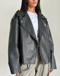 Zebbie Distressed PU Biker Jacket in Black