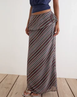 Zelvia Maxi Skirt in Chiffon Grey and Maroon Diagonal Stripe