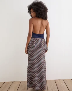Zelvia Maxi Skirt in Chiffon Grey and Maroon Diagonal Stripe