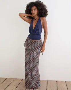 Zelvia Maxi Skirt in Chiffon Grey and Maroon Diagonal Stripe