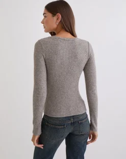 Zinta Long Sleeve Button Up Top in Ribbed Knit Grey