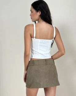 Zita Belted Mini Skirt in Faux Suede Brown